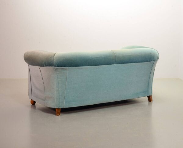 Canapé Chesterfield 2 places en velours bleu givré et vert, années 1950