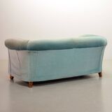 Chesterfield Duotone 2-Seat Sofa in Frosted Blue & Green Velvet 1950s