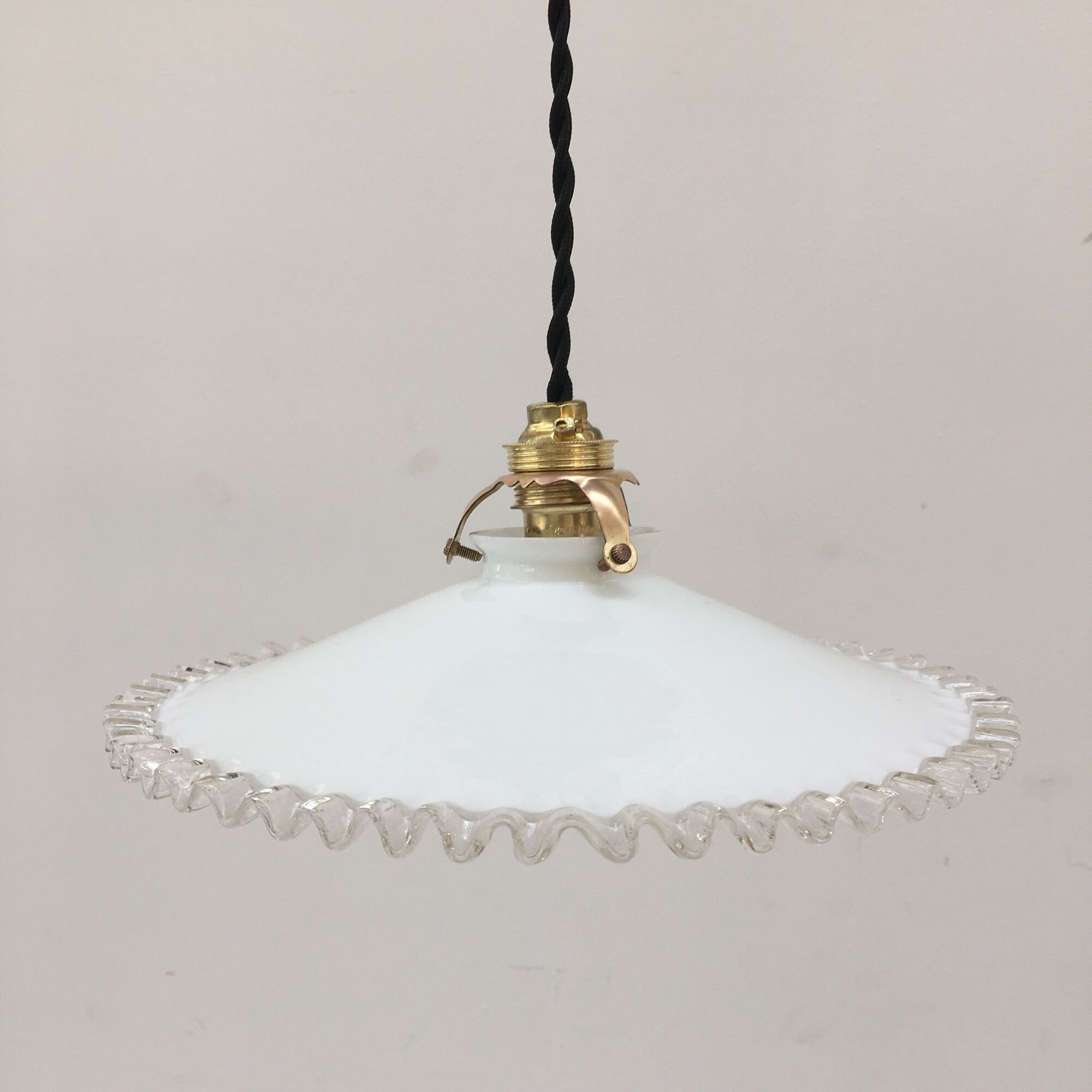 Pairs of vintage suspensions in white opaline with serrated edges