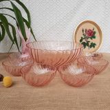 Ensemble saladier et 6 coupelles verre torsadé rosaline Arcoroc vintage