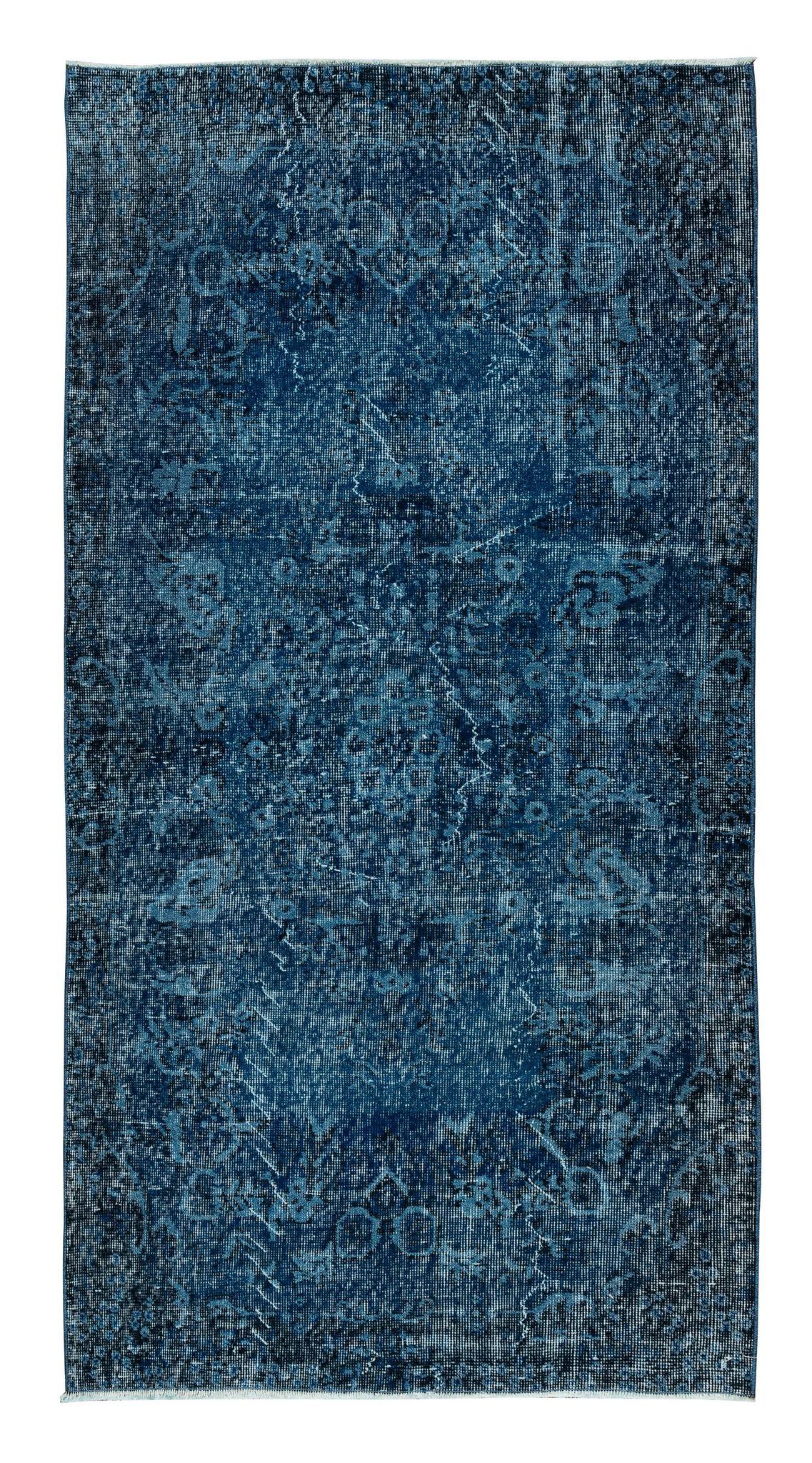 3.7x6.9 Ft Vintage Hand-Knotted Navy Blue Over-Dyed Rug from Turkey, Woolen Floor Covering. NTEK0797