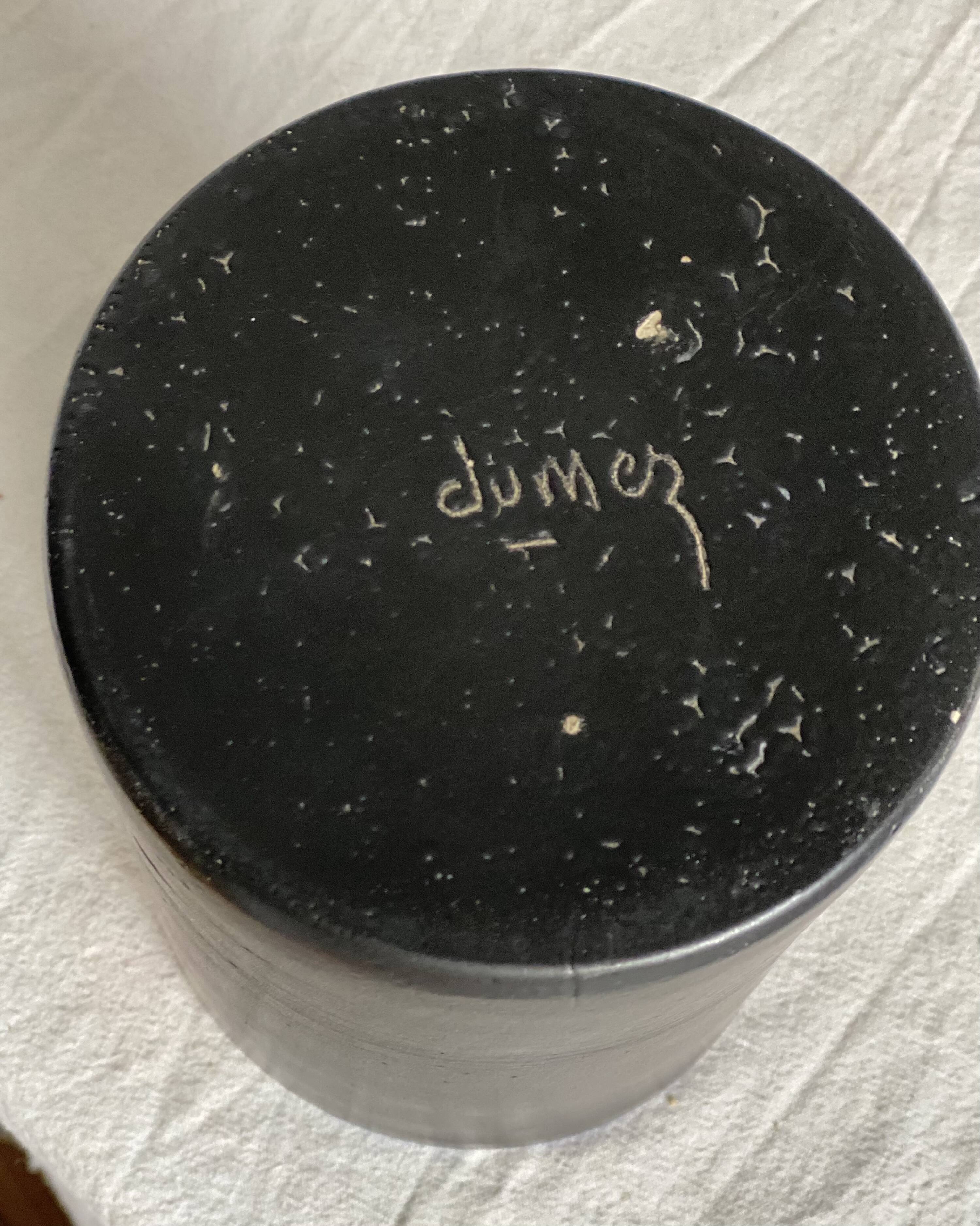Vintage 1970s black ceramic roll vase signed Dumez.