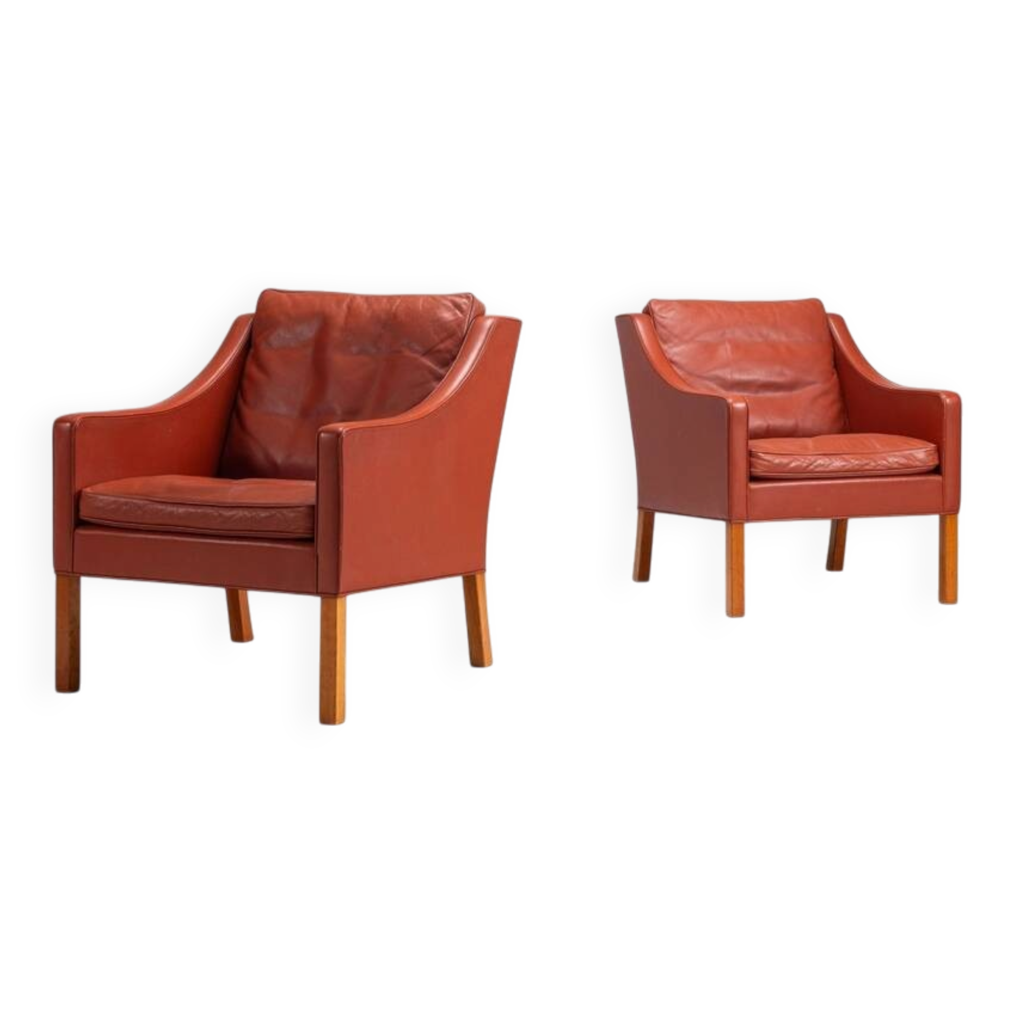Borge Mogensen cognac leather lounge chairs Fredericia Stolefabrik Denmark 1963