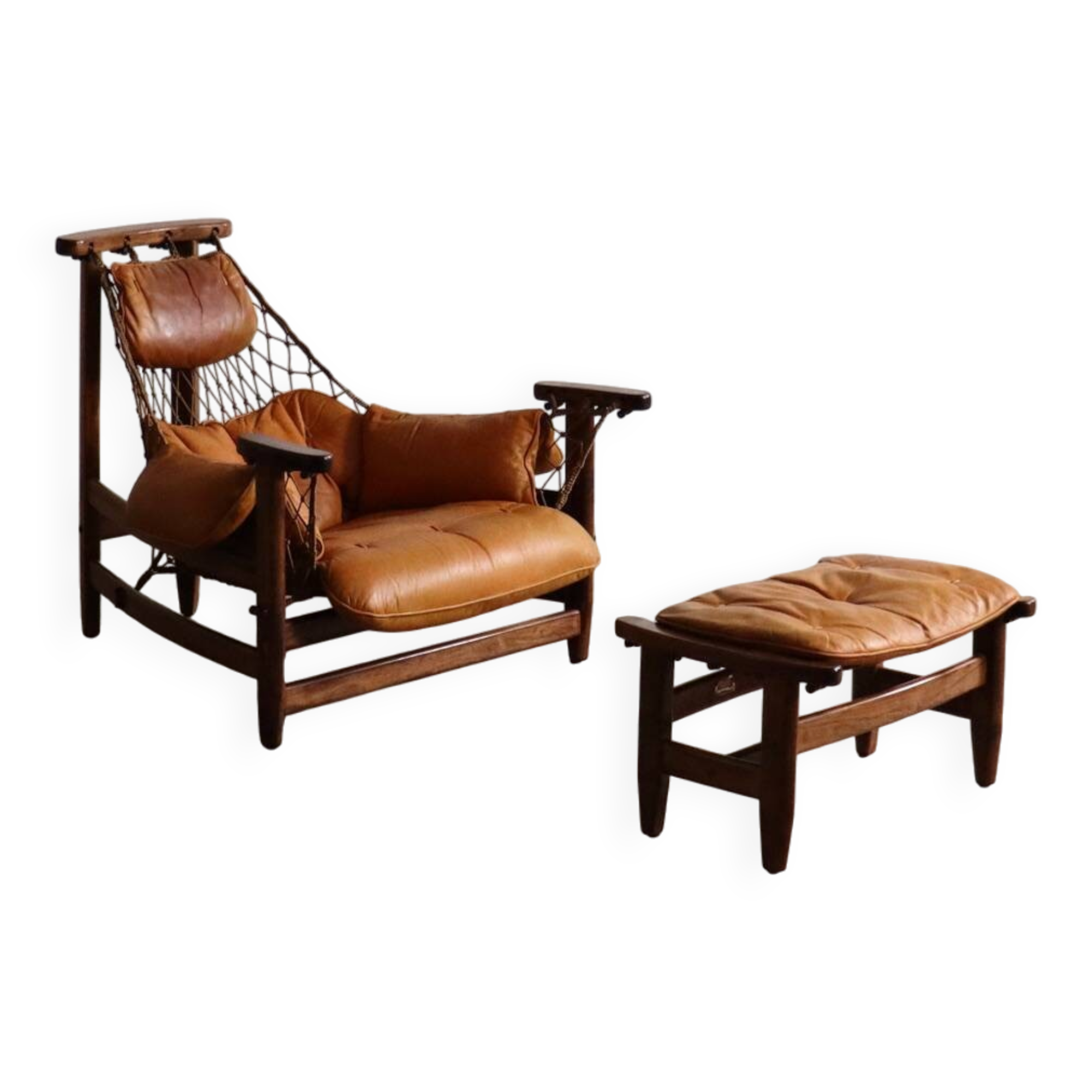 Jangada lounge chair with ottoman in cognac leather by Jean Gillon, Brazil, 1960s