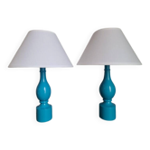 Pair of Philippe Capelle turquoise lacquered wooden table lamps MCM 1970s