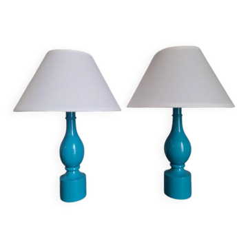 Pair of Philippe Capelle turquoise lacquered wooden table lamps MCM 1970s