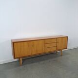 Mid-century notenhout fineer dressoir met 3 lades