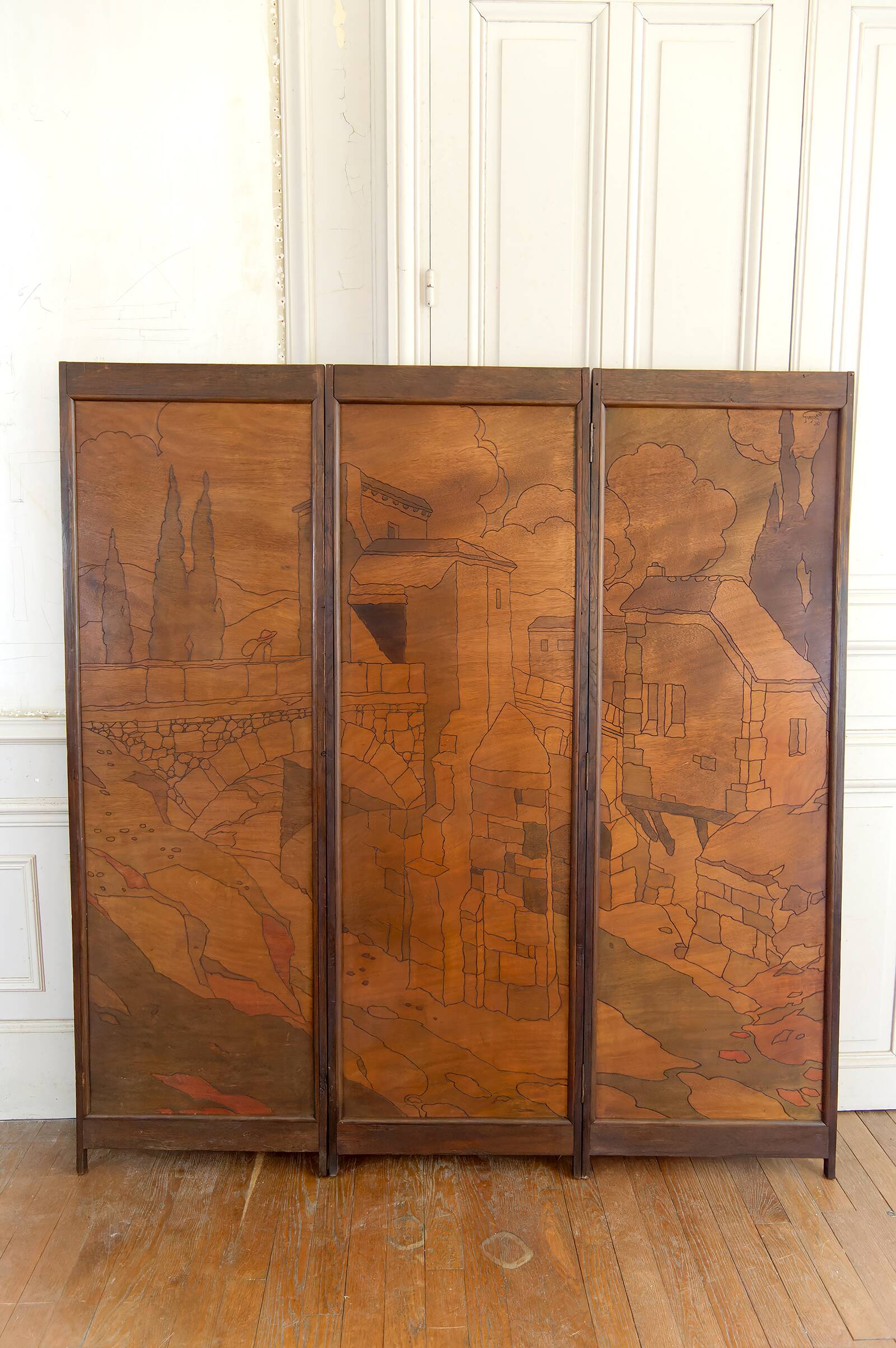 Pyrographed Screen, Mediterranean Medieval Town, Art Nouveau/Deco, 1930