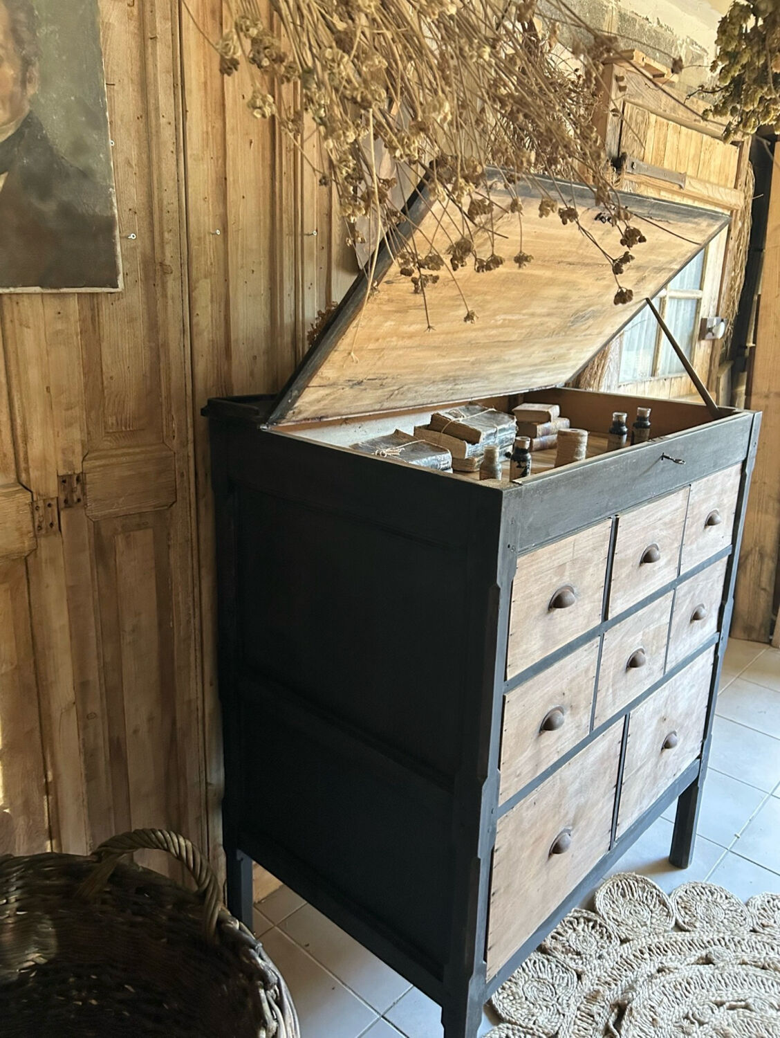 Old workshop drawer unit with a folding top.