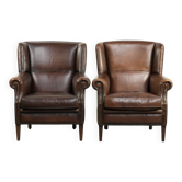Set of 2 subtle sheepskin wingback armchairs in English style