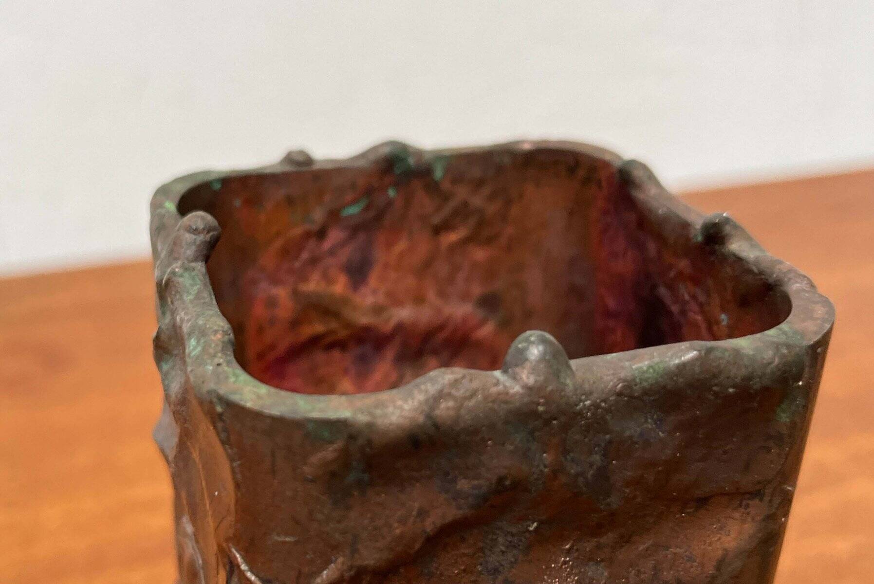 Brutalist metal block vase from the mid-century, 1960s.