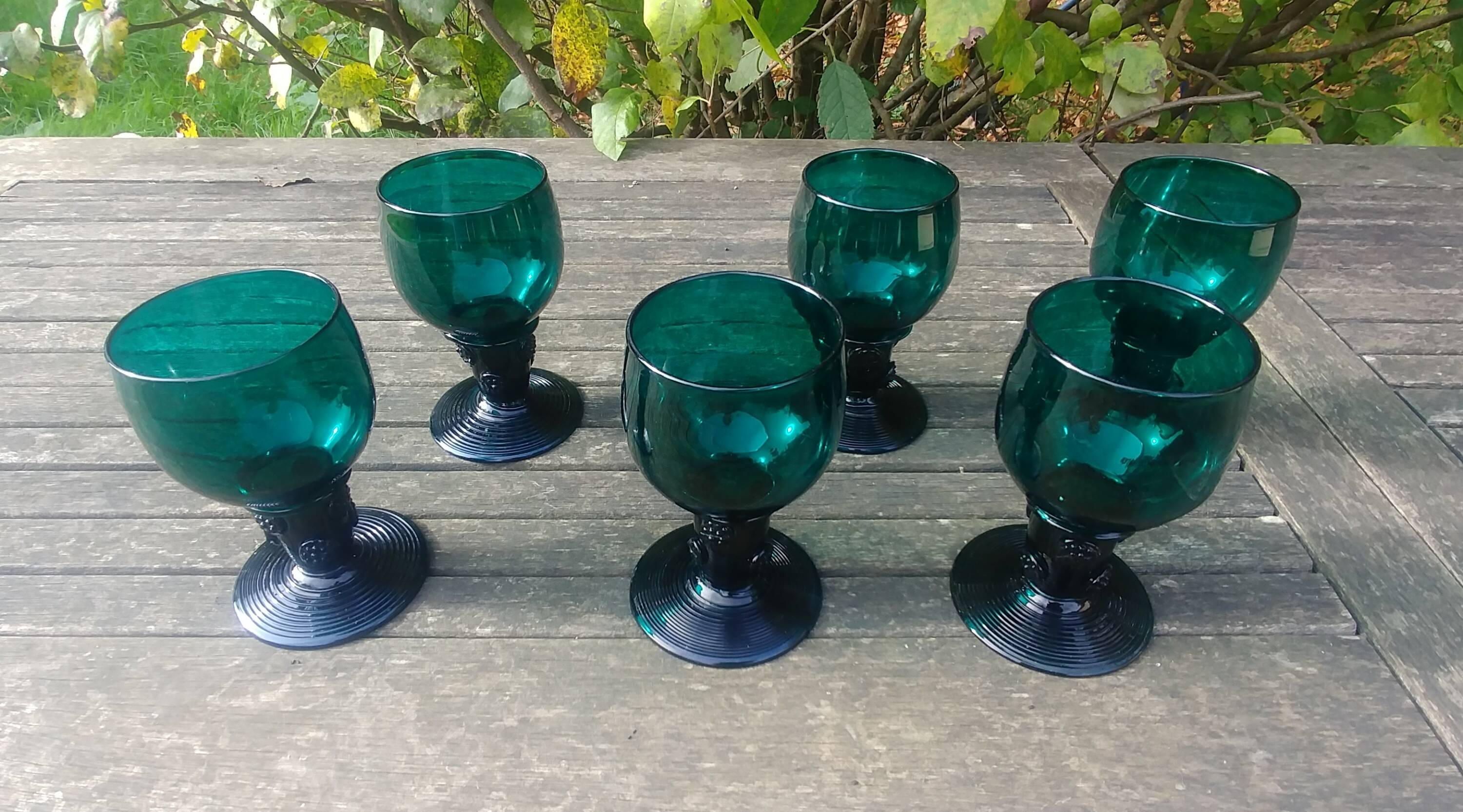 Six Roemer glasses in green blown crystal with "pastilles" decoration