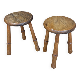 Pair of solid wood tripod stools with turned legs, 60s France