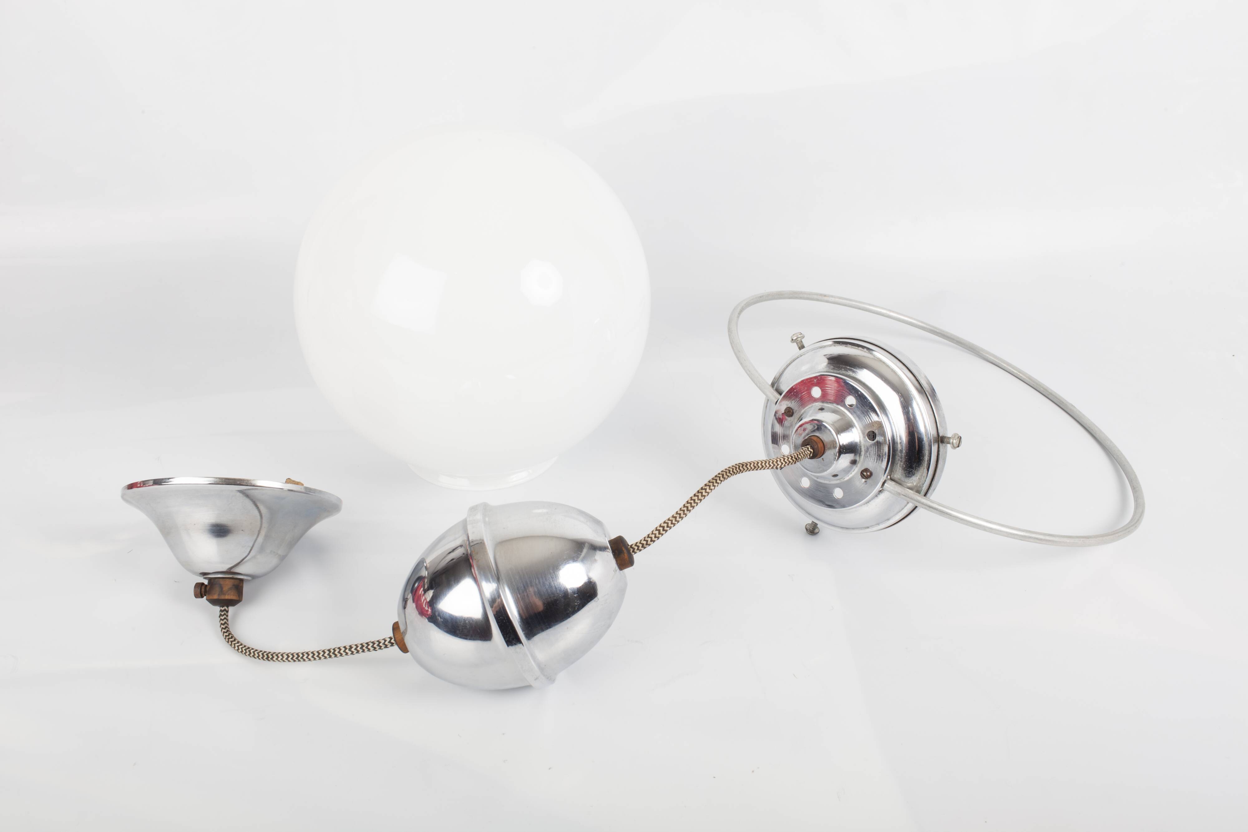Hanging lamp up and down white opaline globe and aluminum chrome