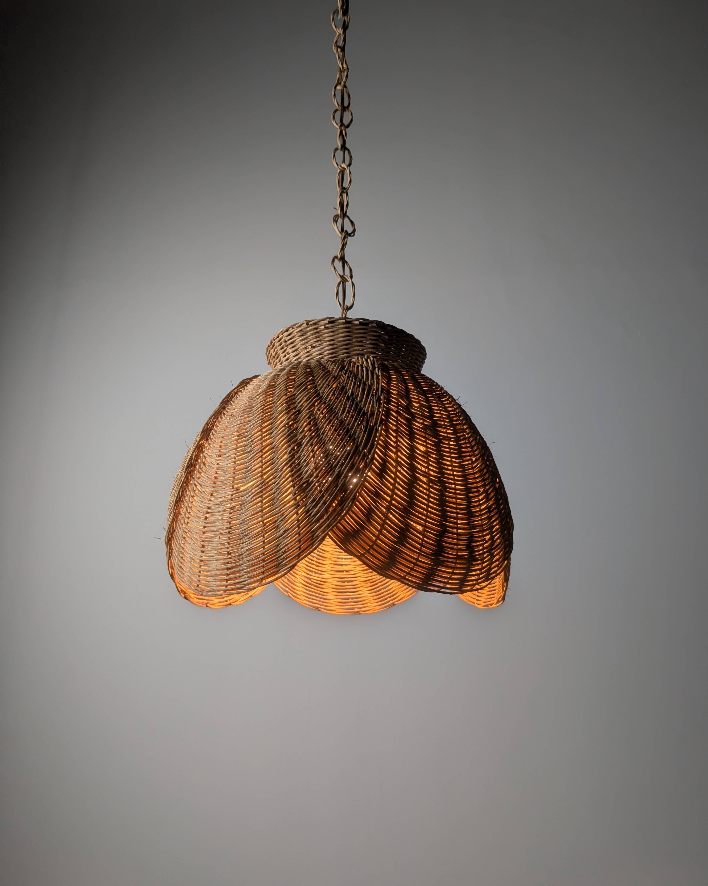 Wicker organic modern pendant lamp with overlapping petal shade, late 20th century