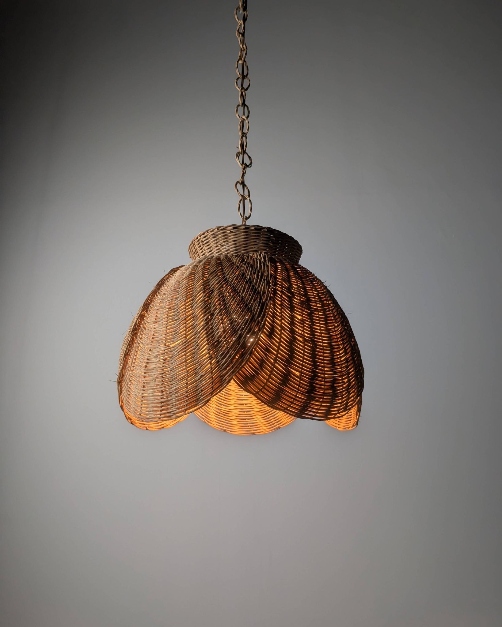 Wicker organic modern pendant lamp with overlapping petal shade, late 20th century