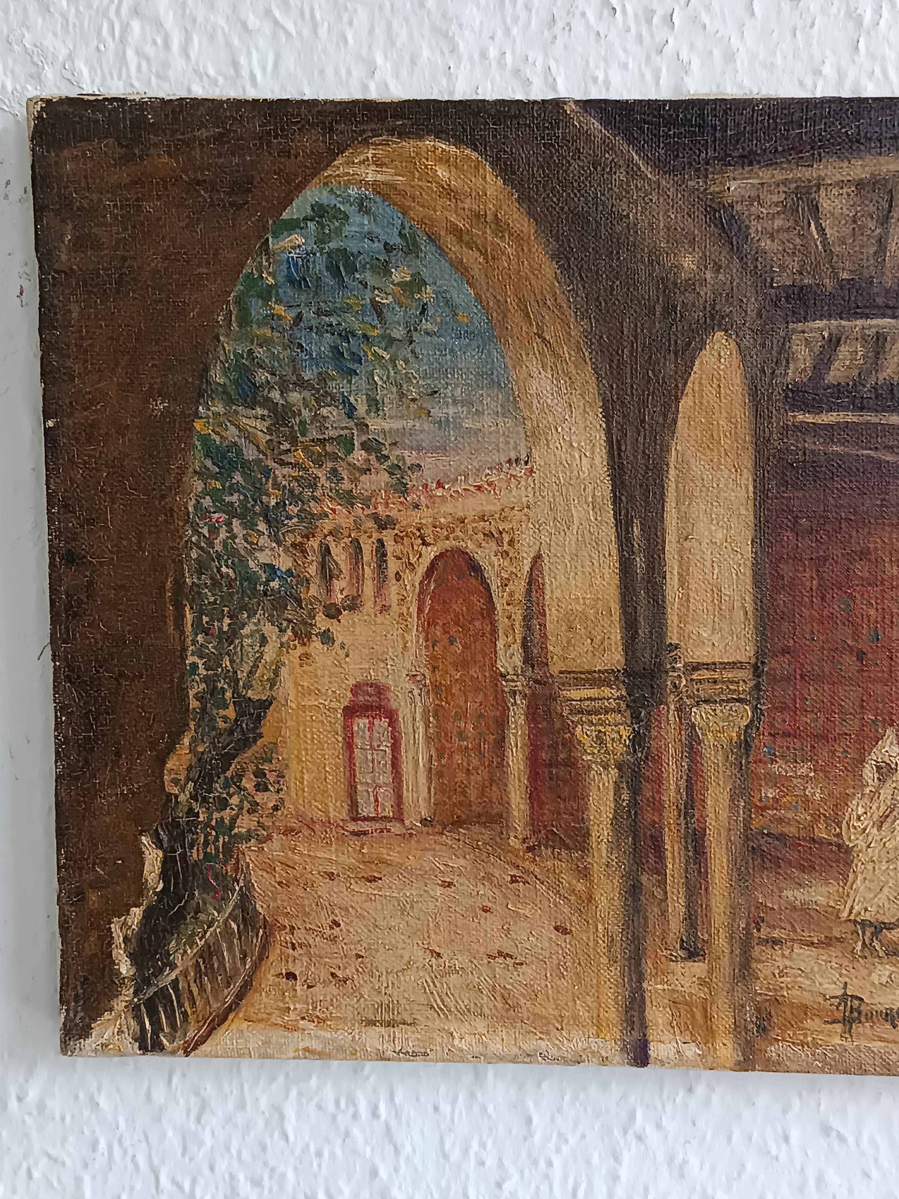 Oil painting on canvas of the courtyard of the pasha's mosque in Oran 1948