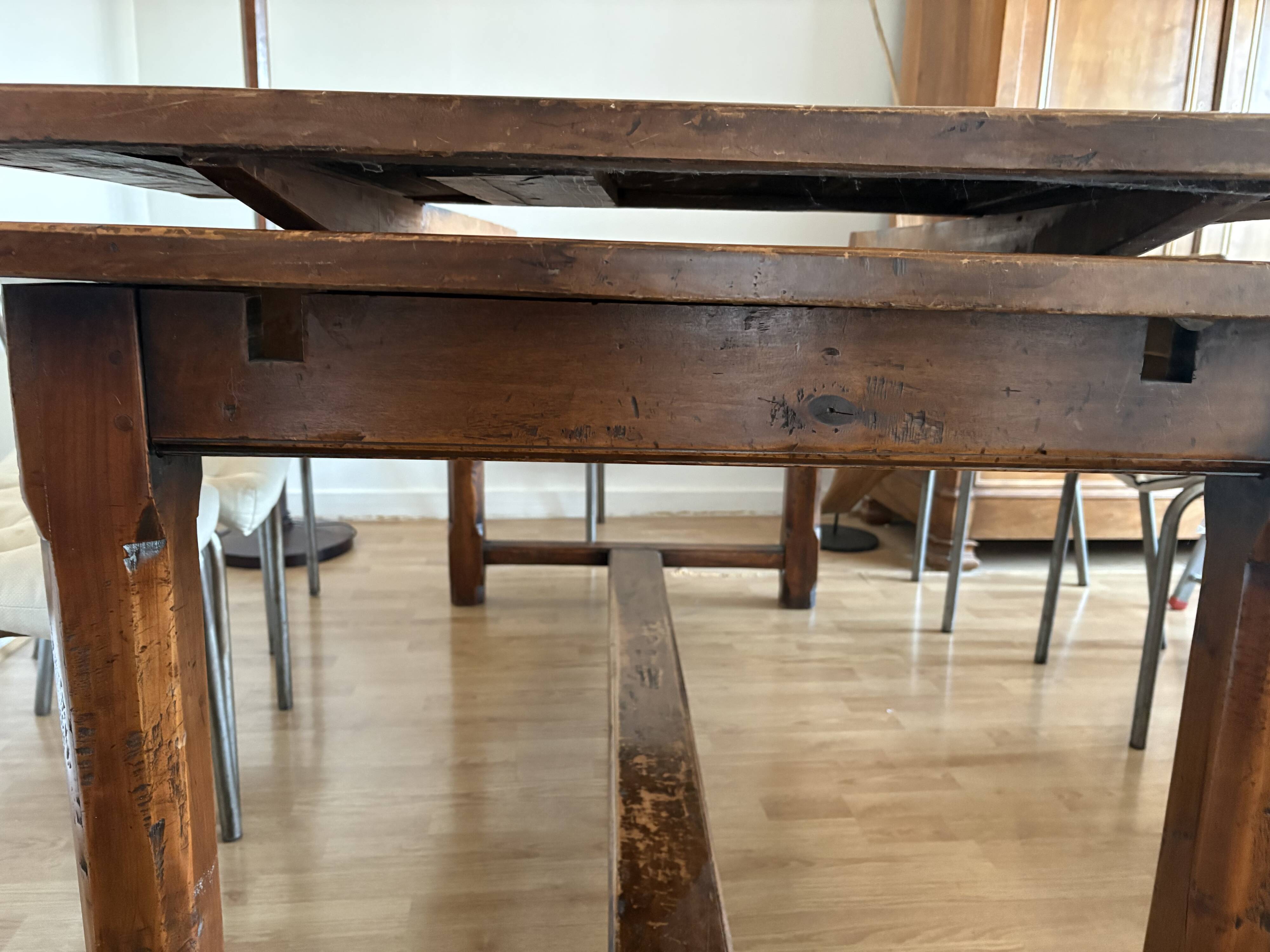 Solid cherry farmhouse table + 8 metal chairs - 2 extensions