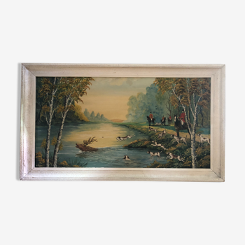 Ancien tableau huile sur panneau p. foy chasse à cour + cadre bois blanc vintage