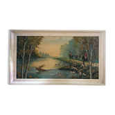 Old painting oil on panel p. foy hunting to court + frame wood white vintage