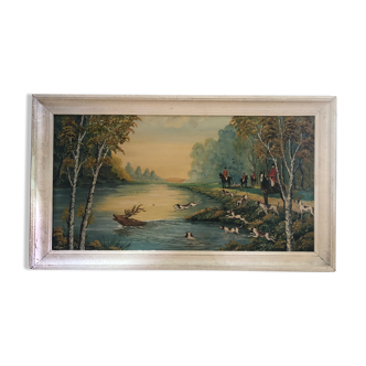 Old painting oil on panel p. foy hunting to court + frame wood white vintage