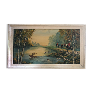 Old painting oil on panel p. foy hunting to court + frame wood white vintage