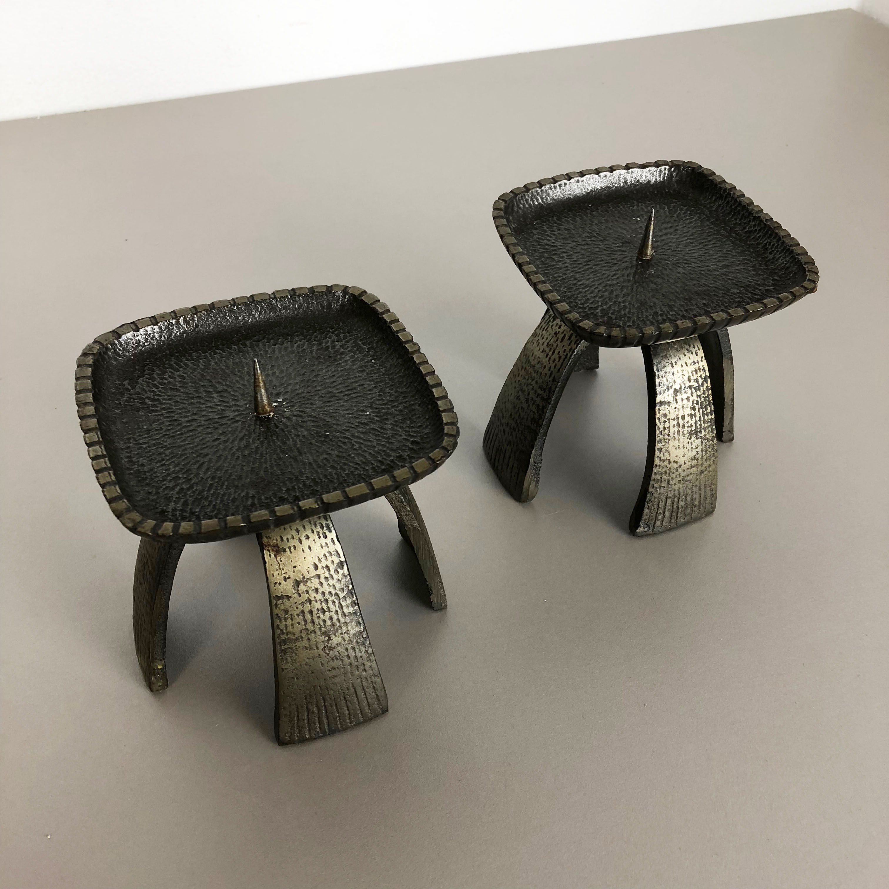 Set of 2 Modernist Vintage 1970s Sculptural Brutalist Metal Candleholder, France