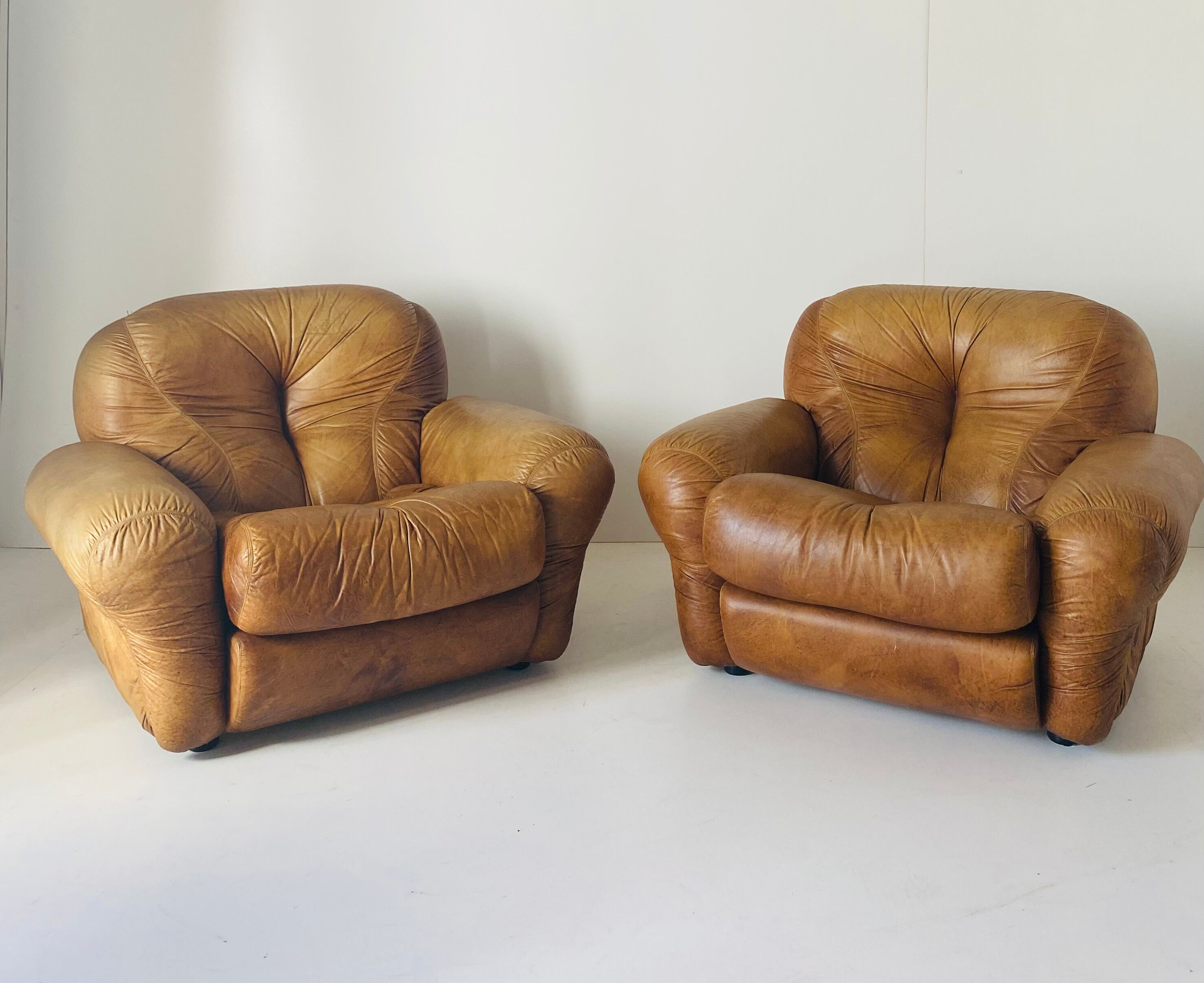 Pair of brown leather armchairs