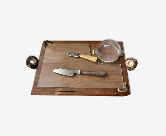 Wooden cheese platter and vintage glass 50s