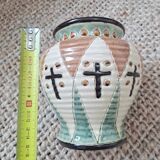 Glazed ceramic vase with geometric and cross patterns