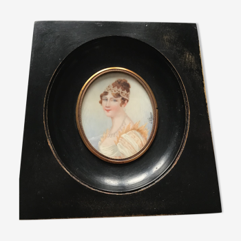 Hand-painted miniature of Empress Josephine de Beauharnais in black wooden frame