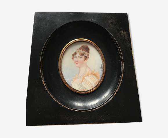 Hand-painted miniature of Empress Josephine de Beauharnais in black wooden frame