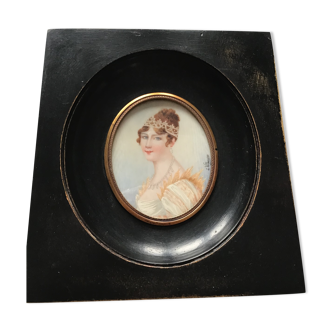 Hand-painted miniature of Empress Josephine de Beauharnais in black wooden frame