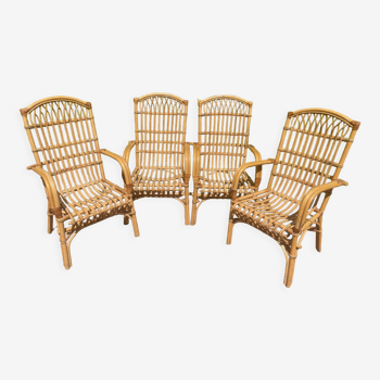Série de 4 fauteuils en rotin des années 70 des Pays-Bas
