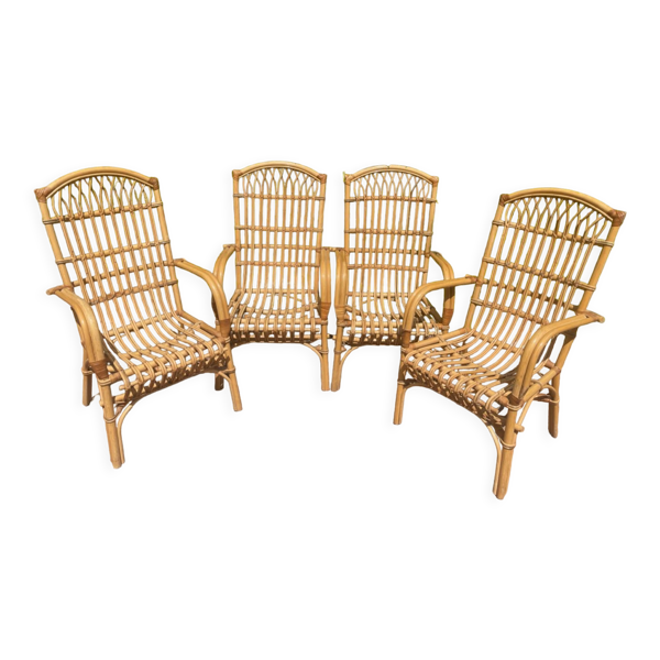 Série de 4 fauteuils en rotin des années 70 des Pays-Bas