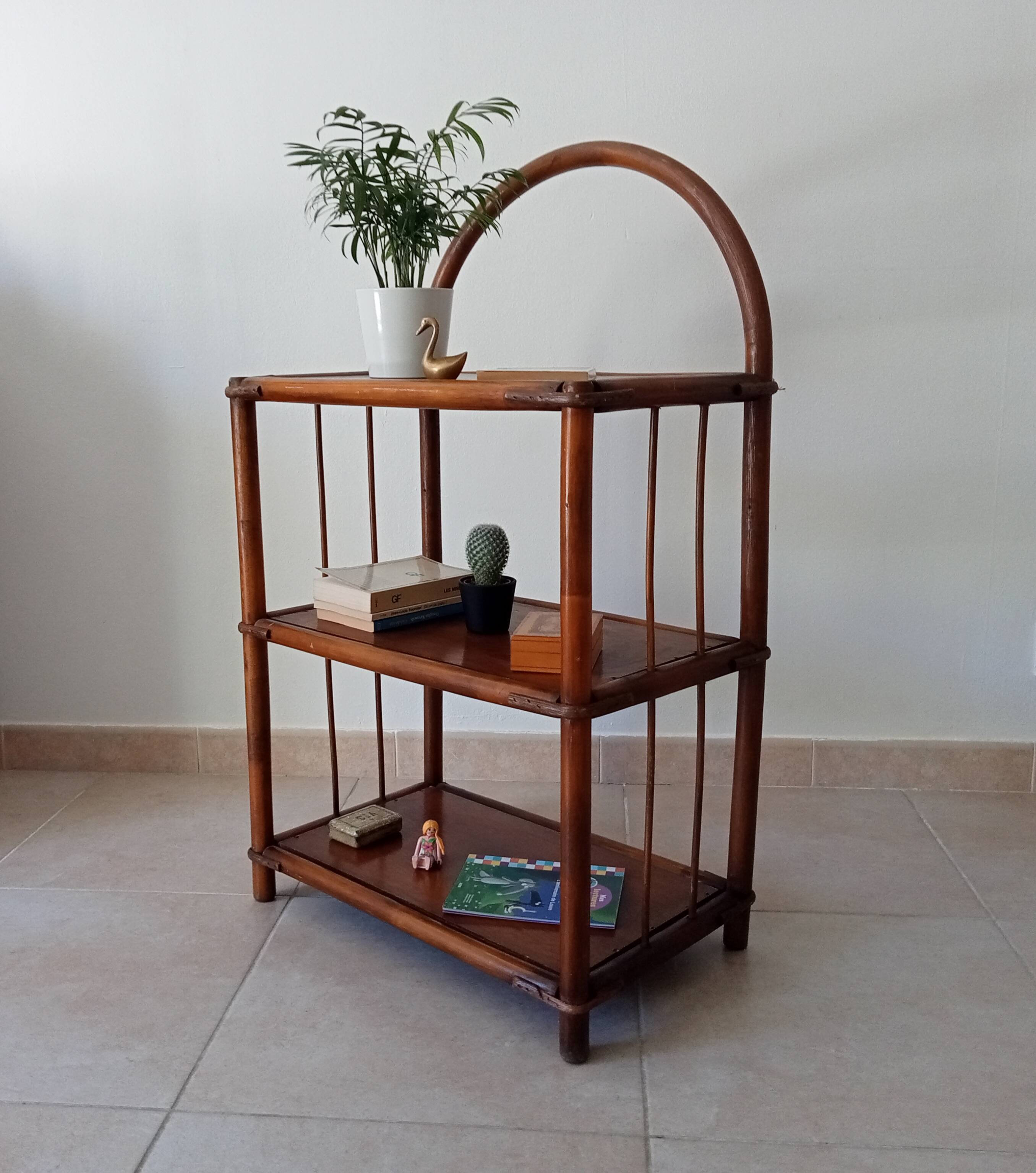 Vintage bamboo and rattan standing shelf