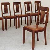 Set of 6 Art Deco chairs in Oak and Walnut with camel leather.