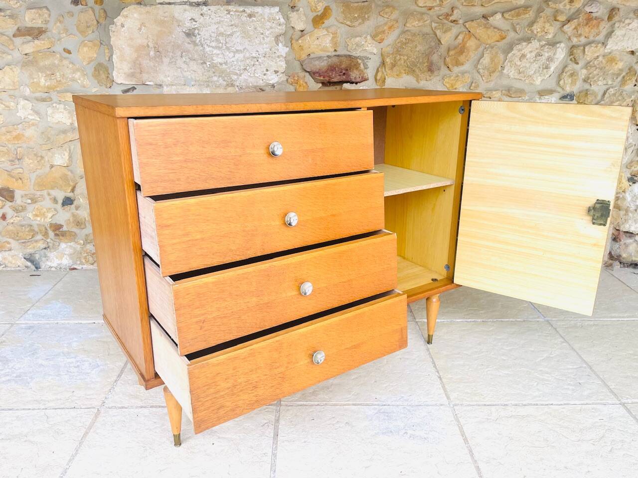 Large vintage chest of drawers with 4 drawers and oak storage, circa 1960s.