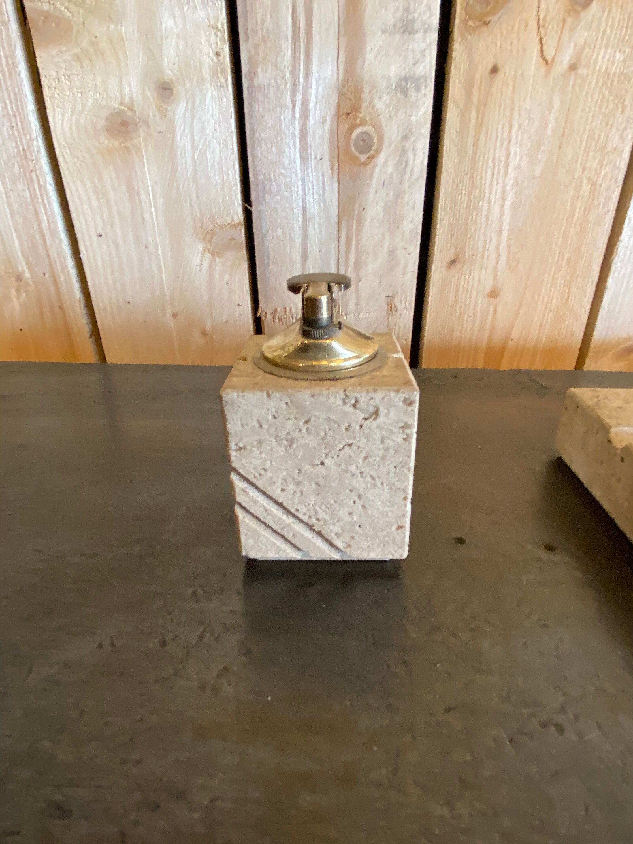 Cerrie Nestore travertine ashtray and table lighter set