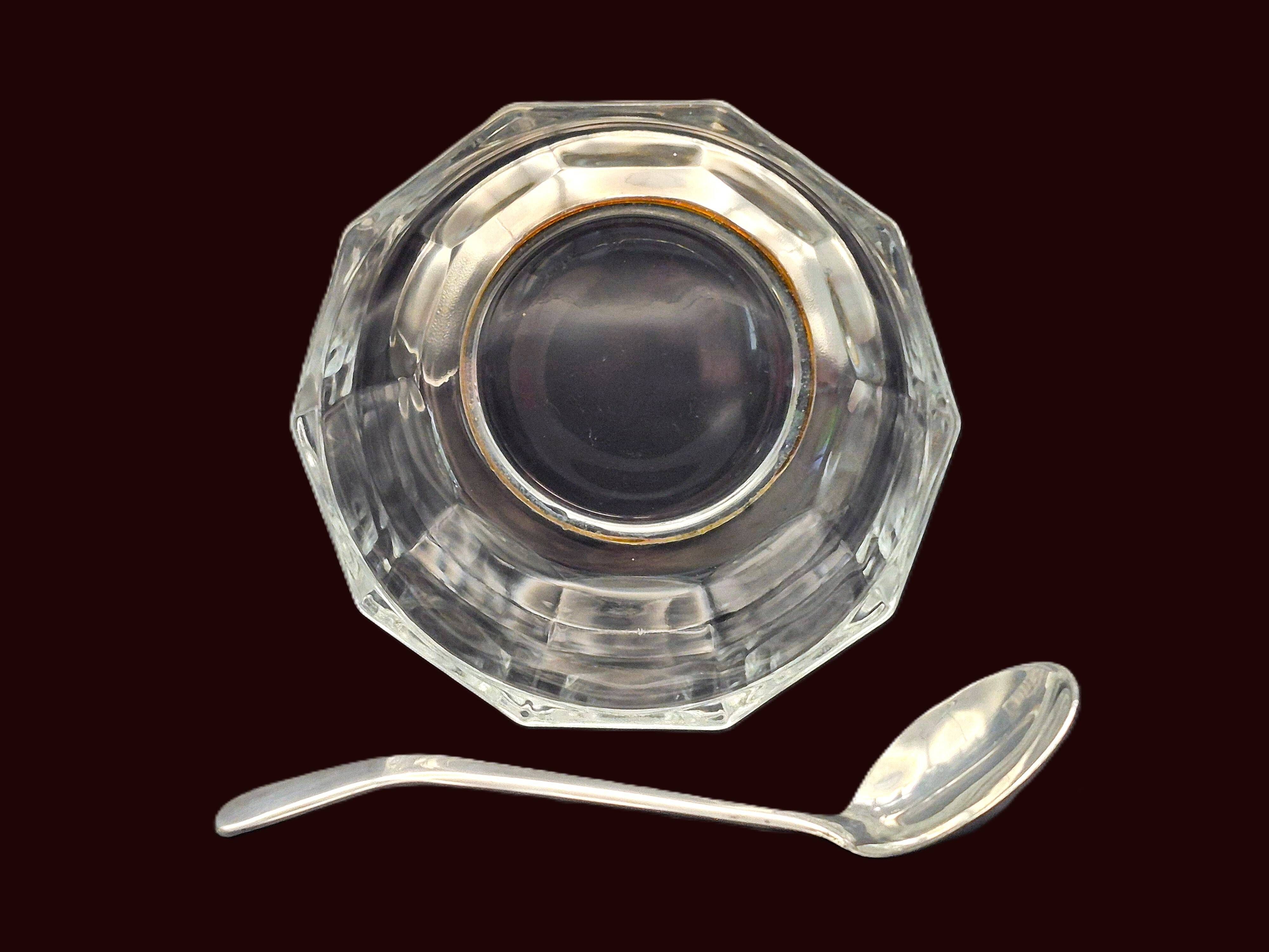 Art Deco thick crystal/glass bowl, silver-plated metal pedestal.