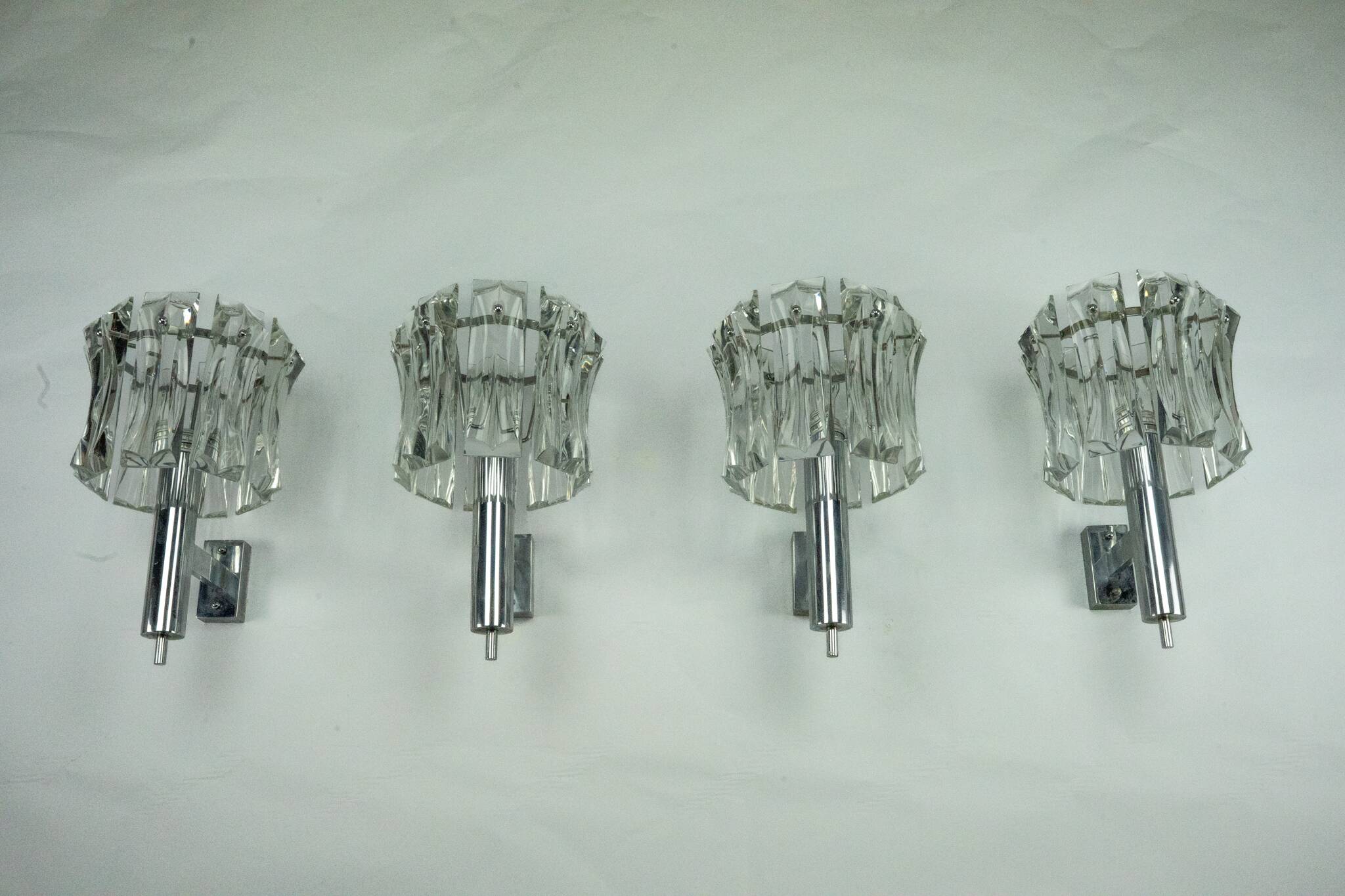 Set of four large Murano glass elements and chromed brass sconces, Italy 60