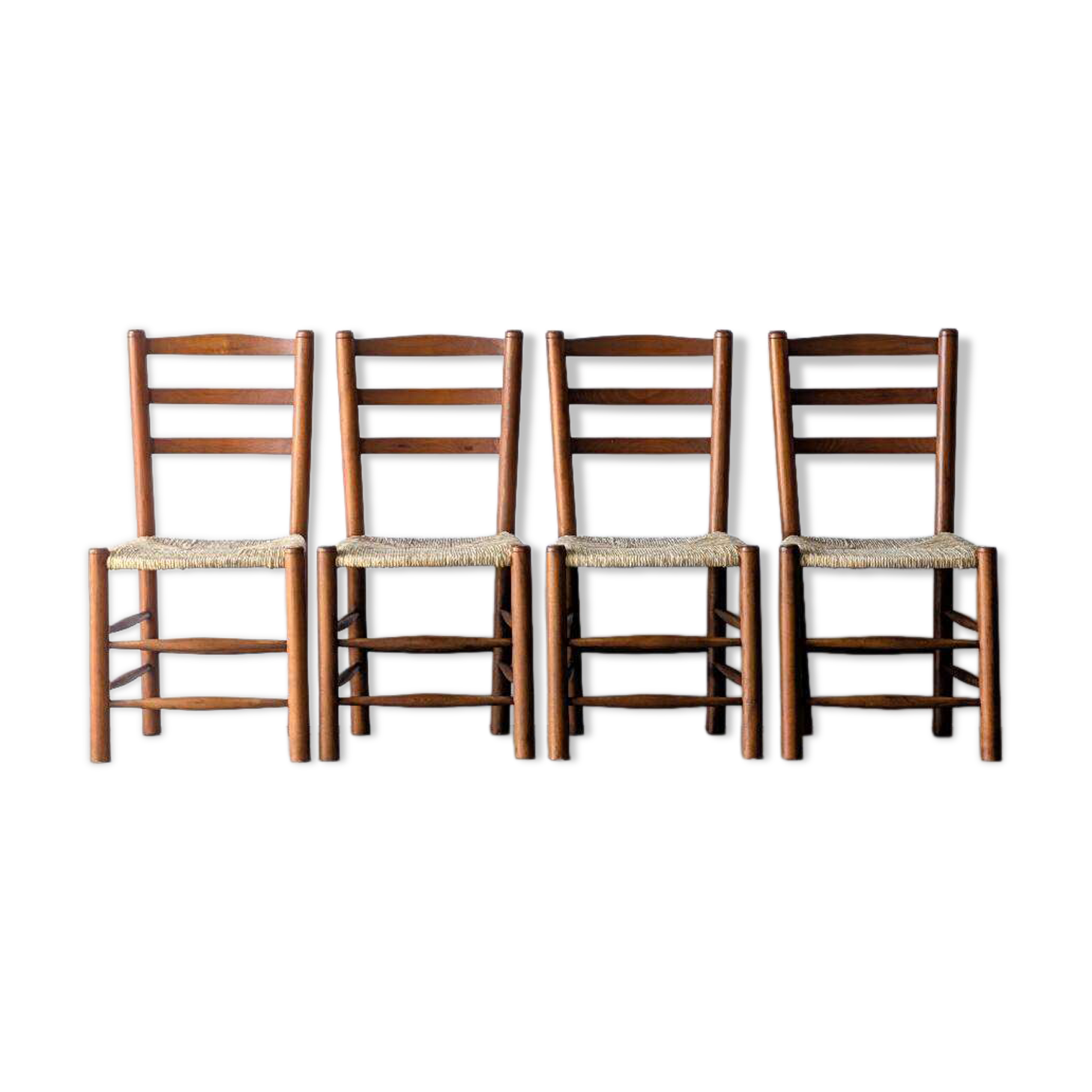 4 vintage brutalist chairs, wood & rope, Sentou / Perriand, 1960