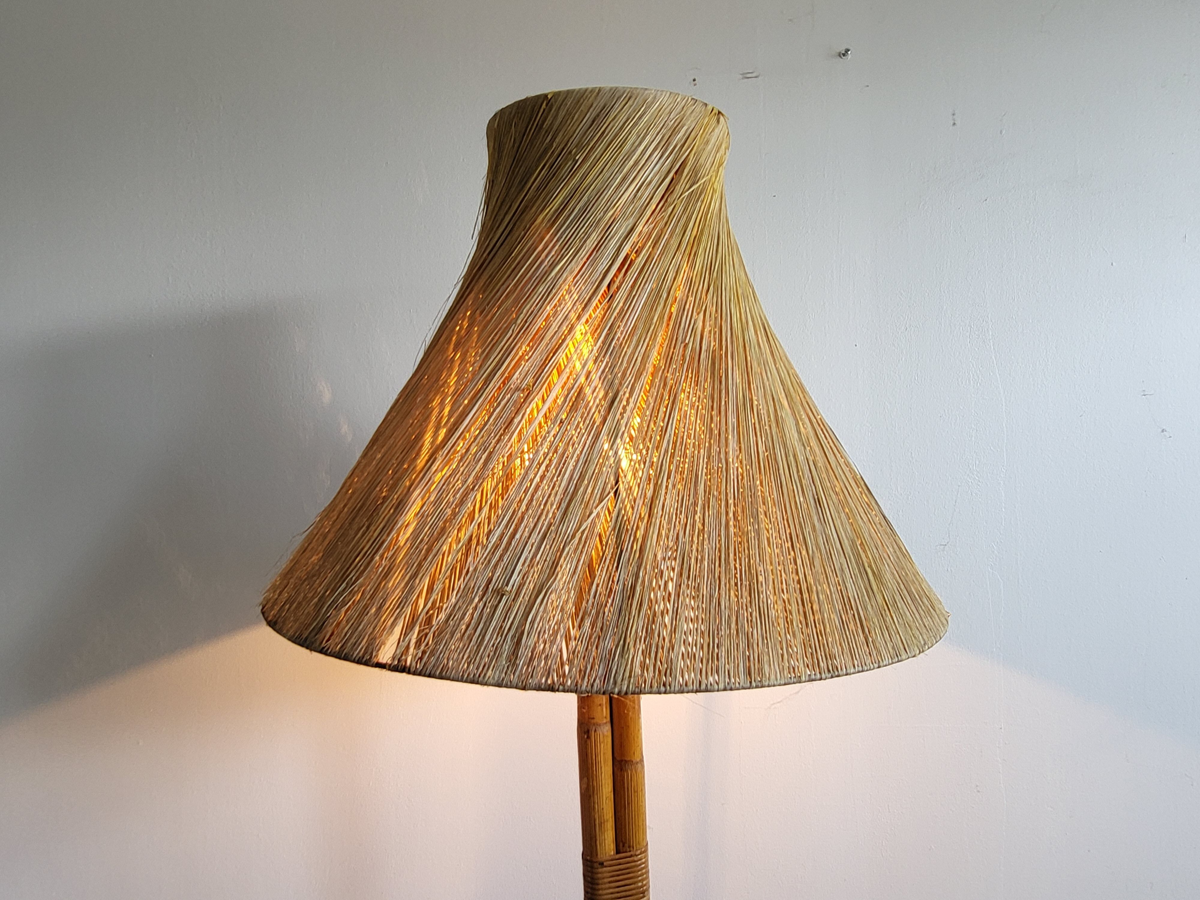Vintage rattan & straw floor lamp 1950