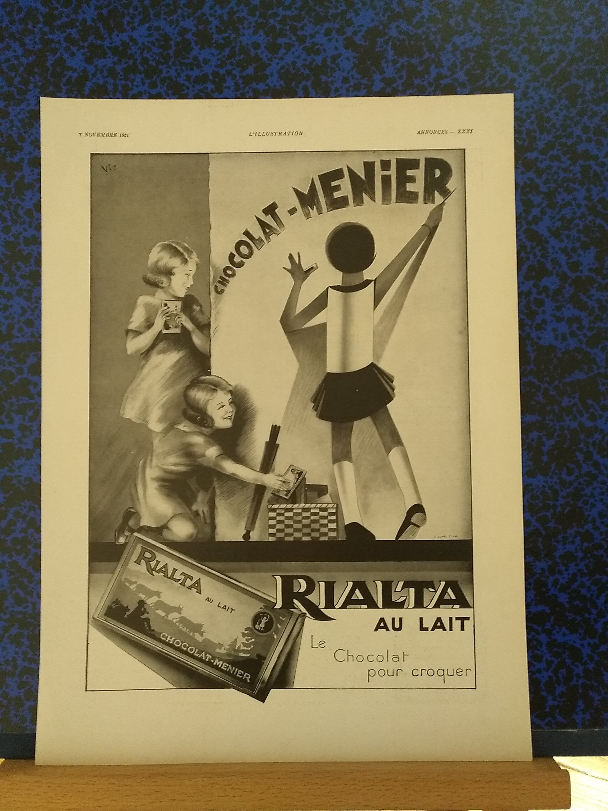 Chocolate paper advertisement Meunier Rialta with milk children from revised 1931