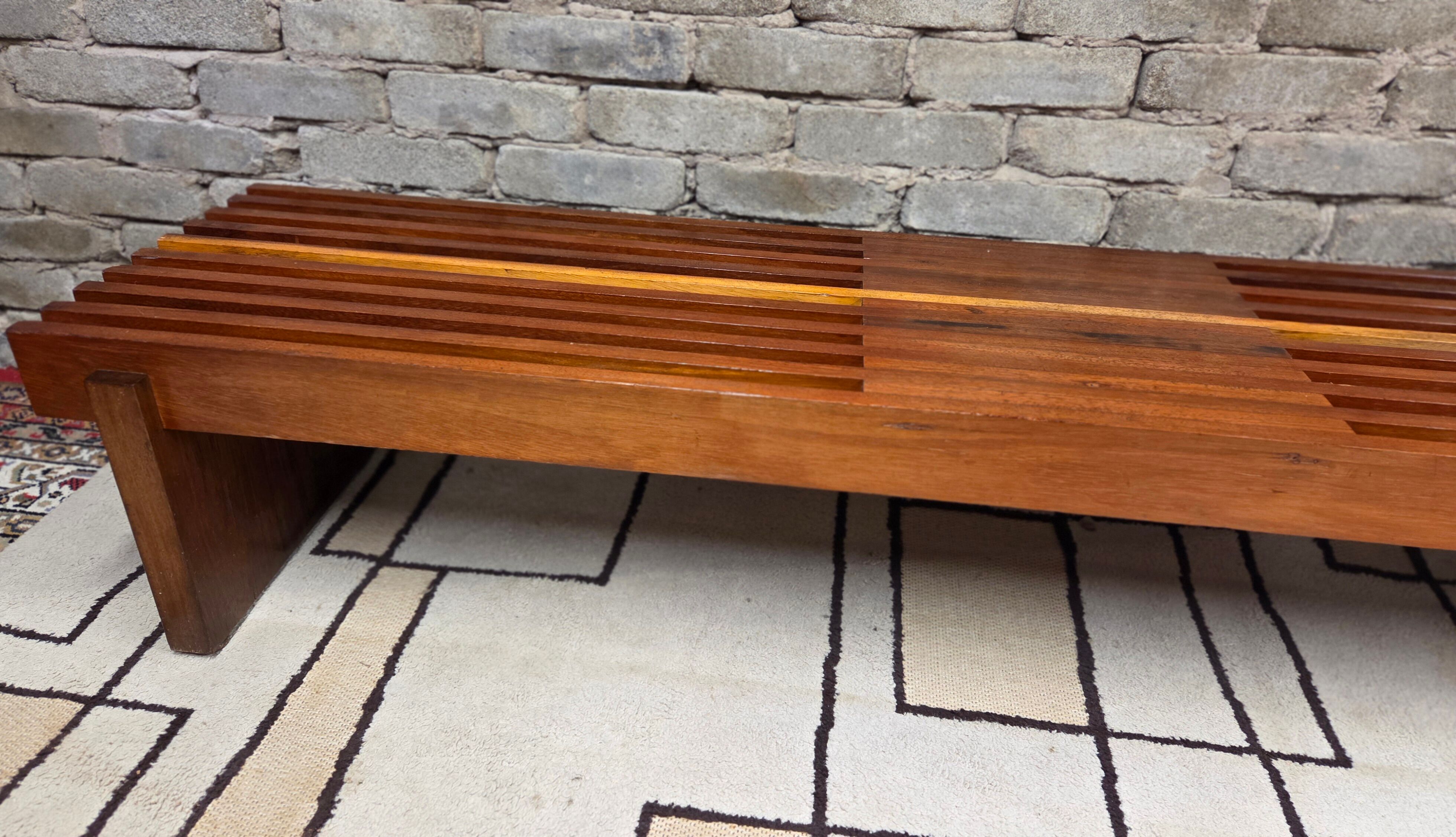 Vintage brutalist bench in solid teak with slats – 1970s