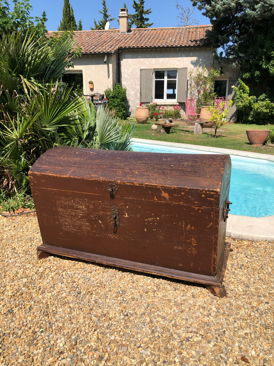 19th-century curved antique wooden chest
