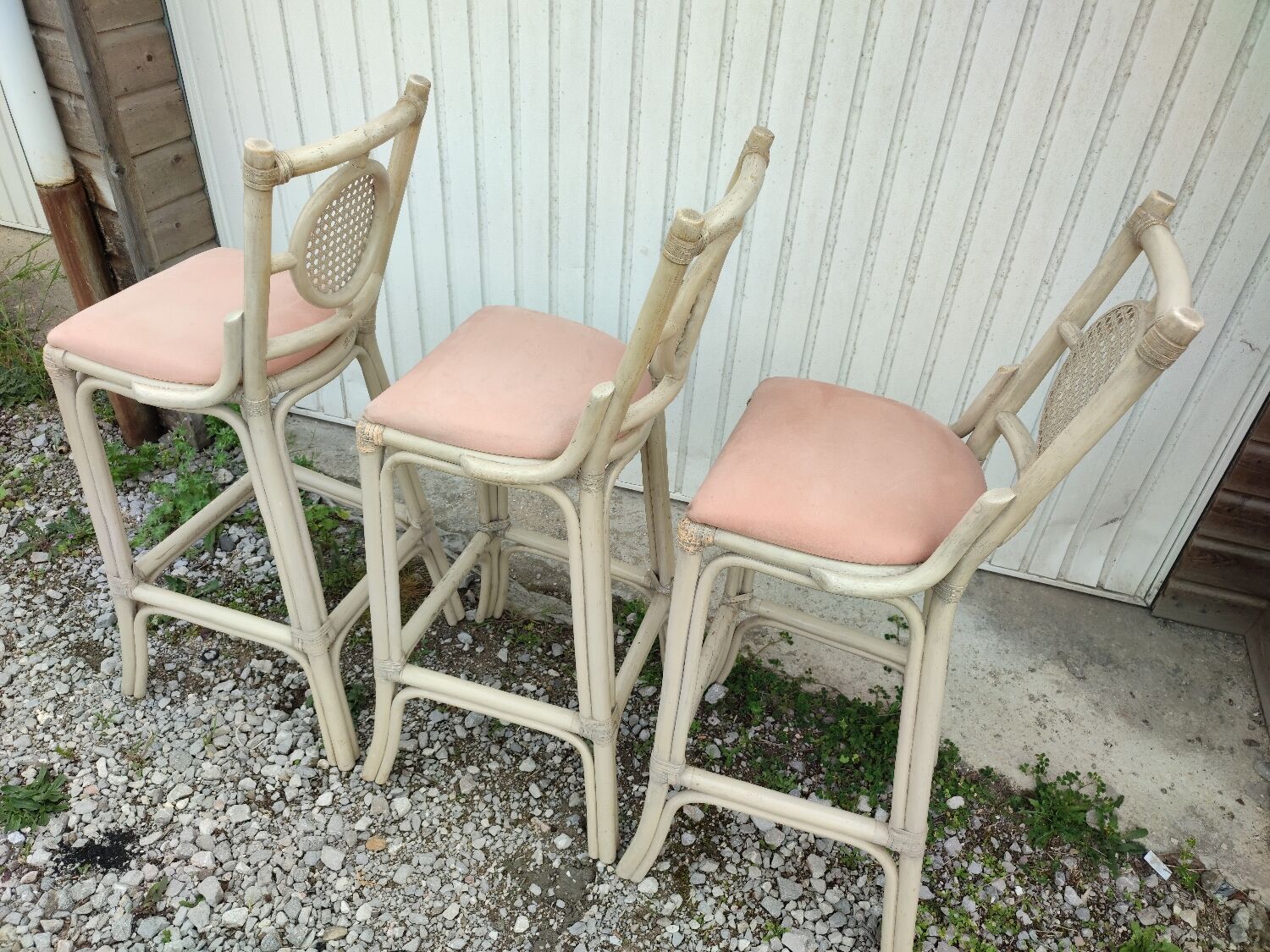 3 white stools vintage bar bamboo wicker rattan