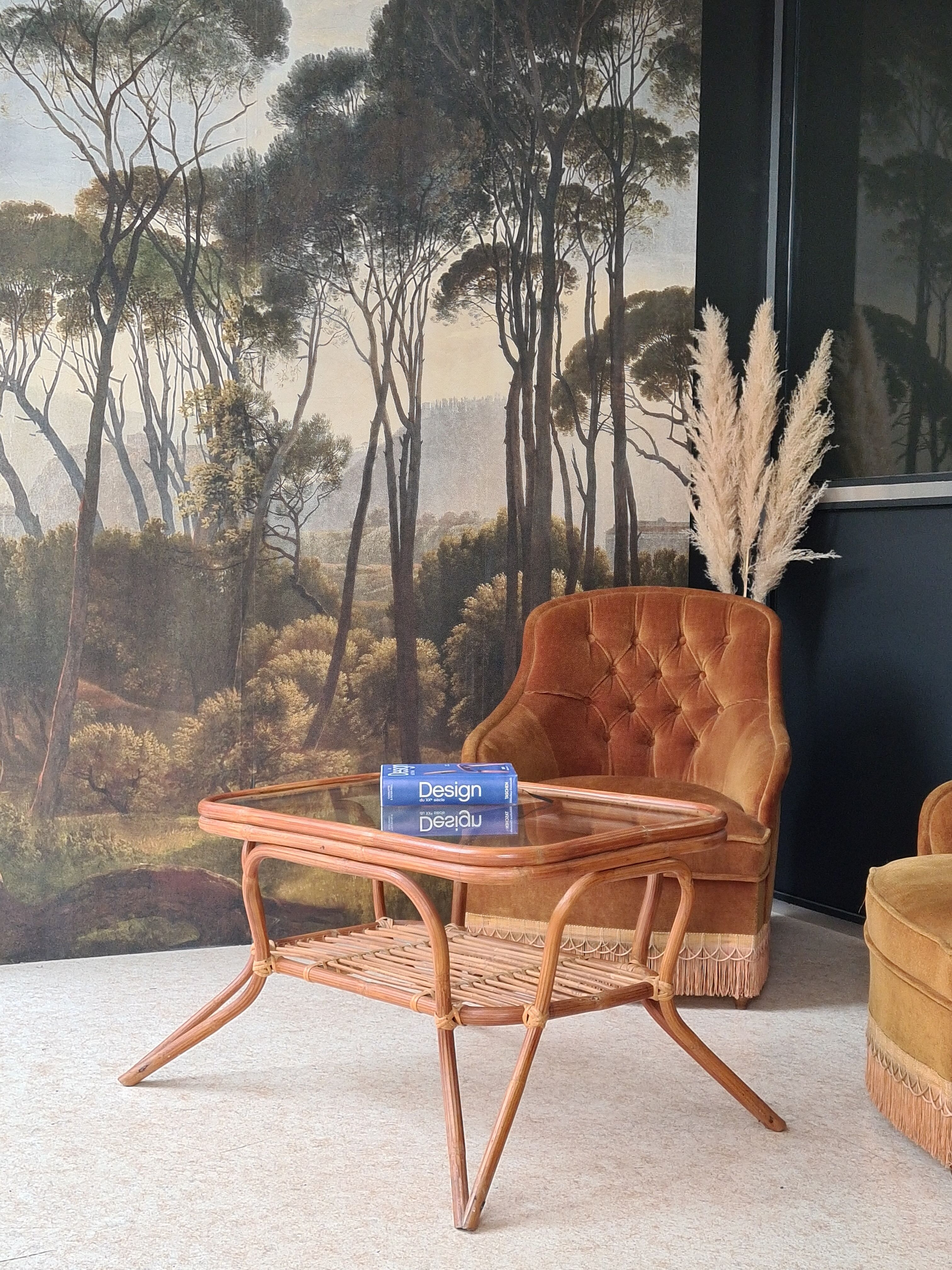 Rattan and glass coffee table