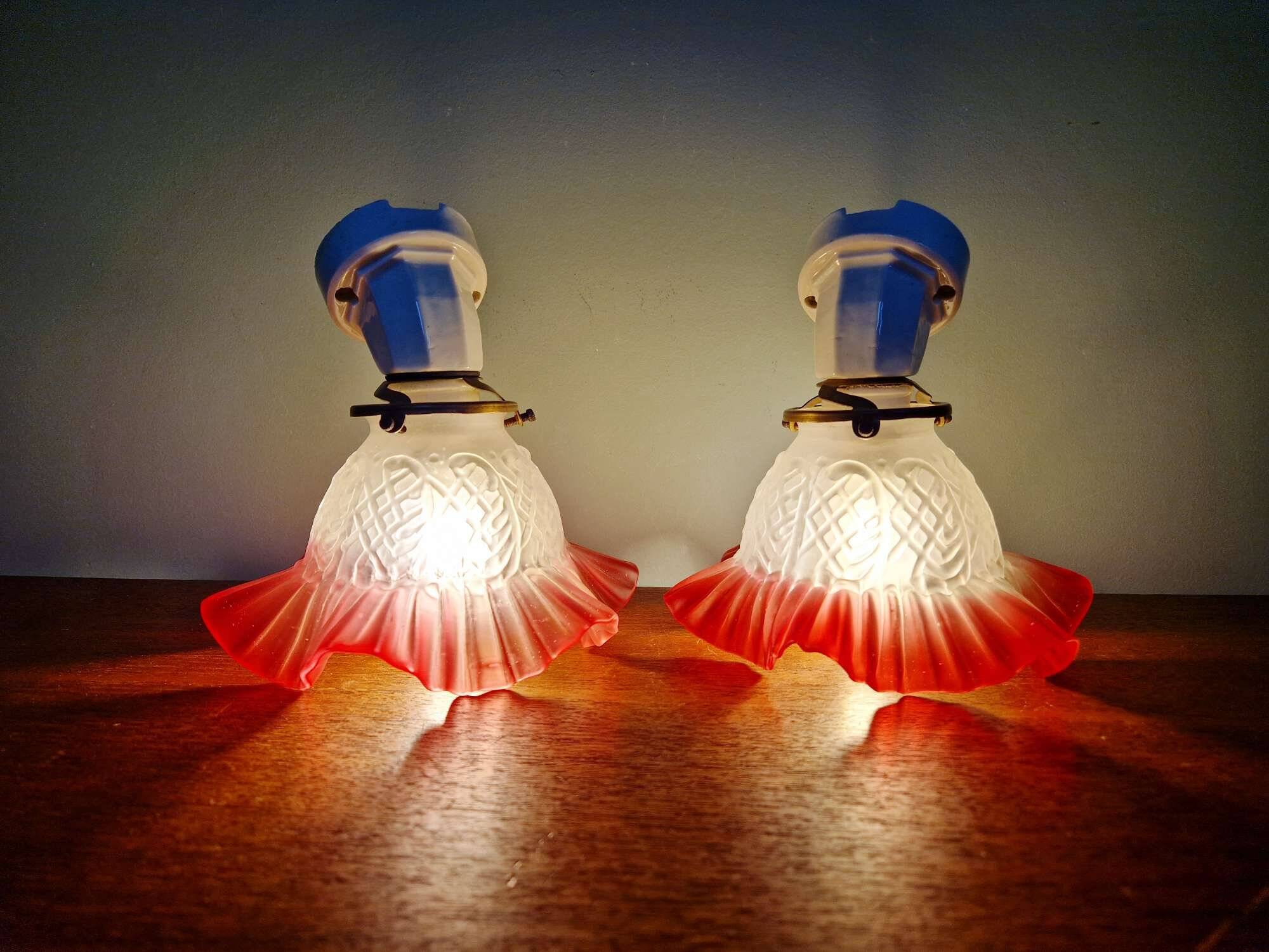 Pair of porcelain and scalloped glass wall sconces, 1920s-30s