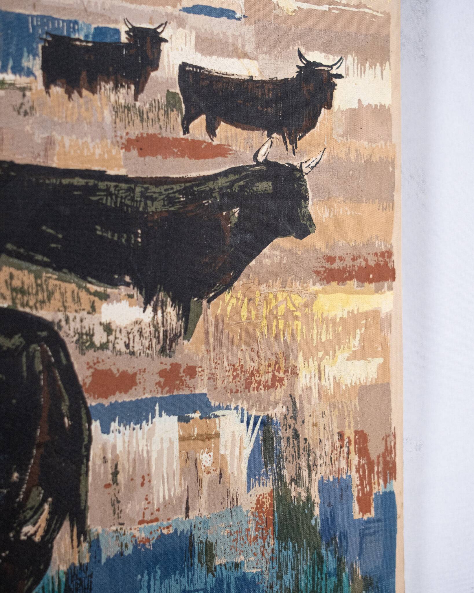 Printed wall tapestry, Bulls in Camargue, Robert Debiève, France